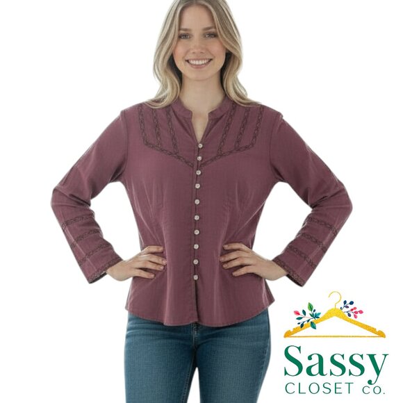 J Jill Burgundy Cotton Stretch Button Up Long Sleeve Career Casual Top Sz XS EUC - Picture 1 of 9